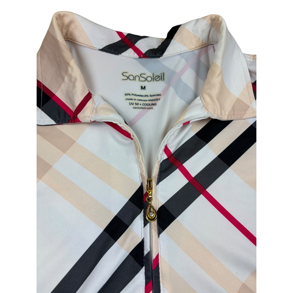 SanSoleil Womens UV 50+ Cooling Plaid Sleeveless Golf Polo Top Medium